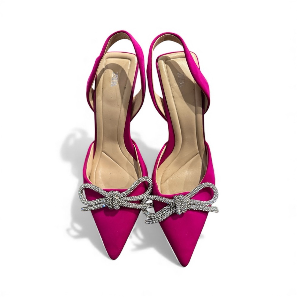 SOLD-Elegant ZARA Pink Slingback Heels with Silver Bow, Size 39(8.5) - Picture 4 of 10